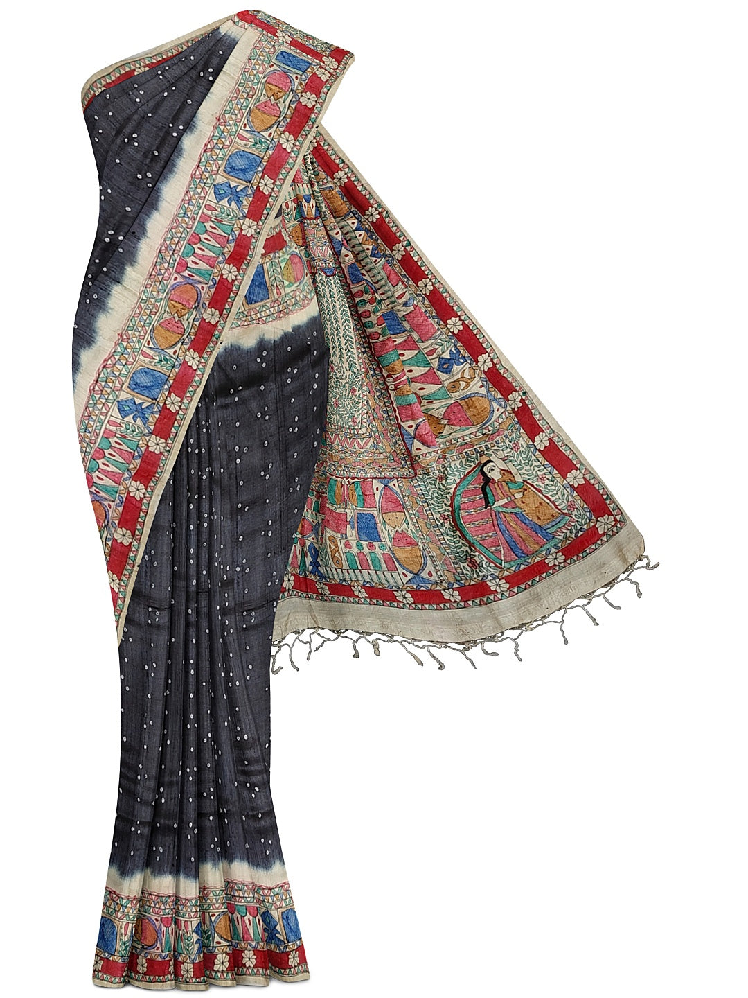 Handpainted Madhubani Saree on Tussar Munga Silk – Godhna Style with Bandhani Fusion